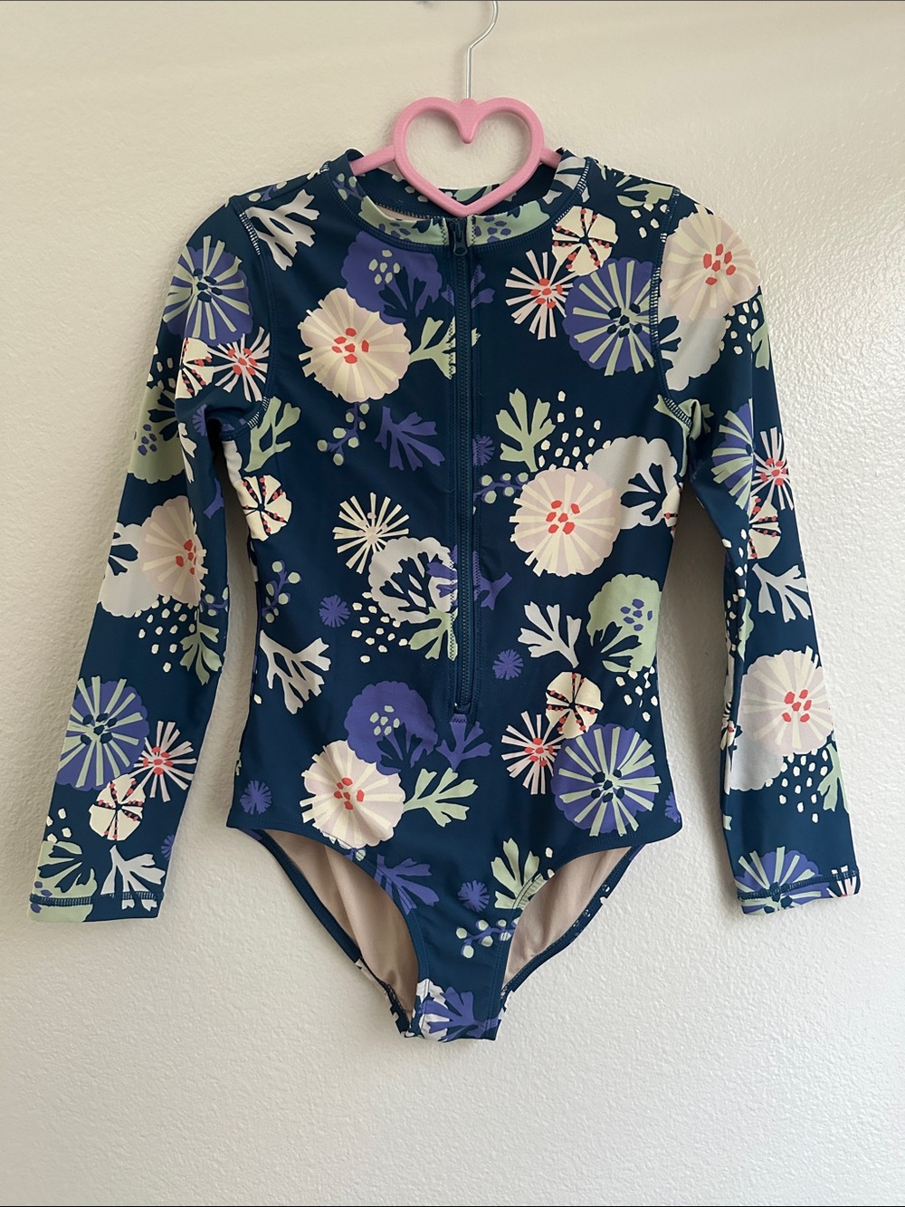 tea collection girls Long-Sleeve Floral One-Piece Zipper Swimsuit - Navy SZ 12